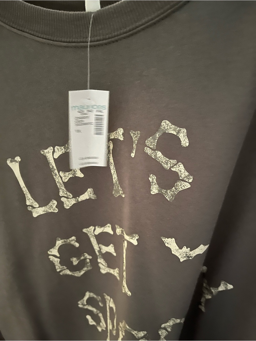 Maurices Gray Let’s Get Spooky Halloween sweatshirt White Bone Print - Picture 3 of 4